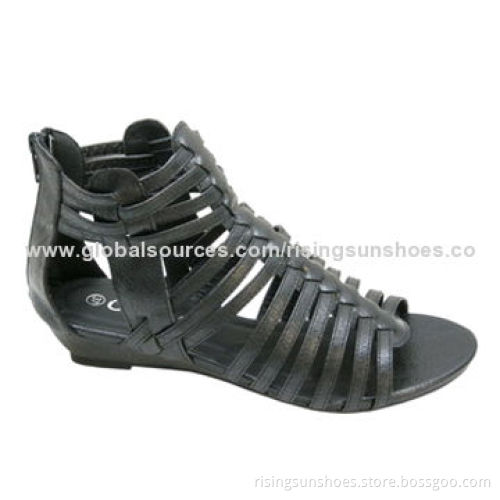 Flat Women's Sandal, Roman Style, Various Parallel PU Straps, Small Wedge Heel, OEM Order is Welcome